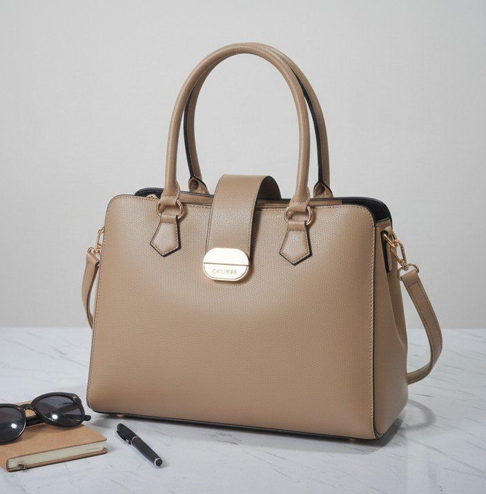 Elegant Structured Top Handle Handbag-Beige